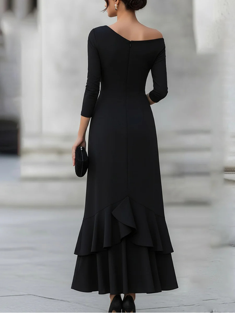 One-Shoulder Ruched Asymmetric Ruffle Hem Midi Dress