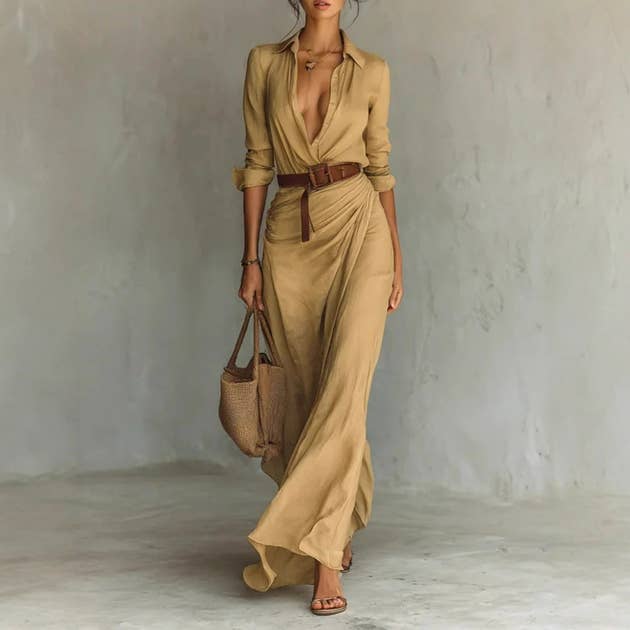 Elegant Ruched Belted Long Sleeve Asymmetric Maxi Dress - Faire