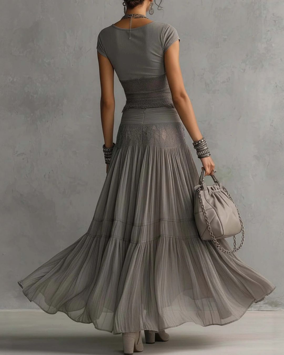 Curvvvy™ Lace Panel and Pleated Maxi Dress Set
