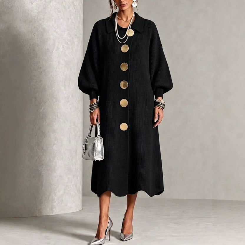 Knit Dress With Large Metal-Buckle Collar And Lantern Sleeves