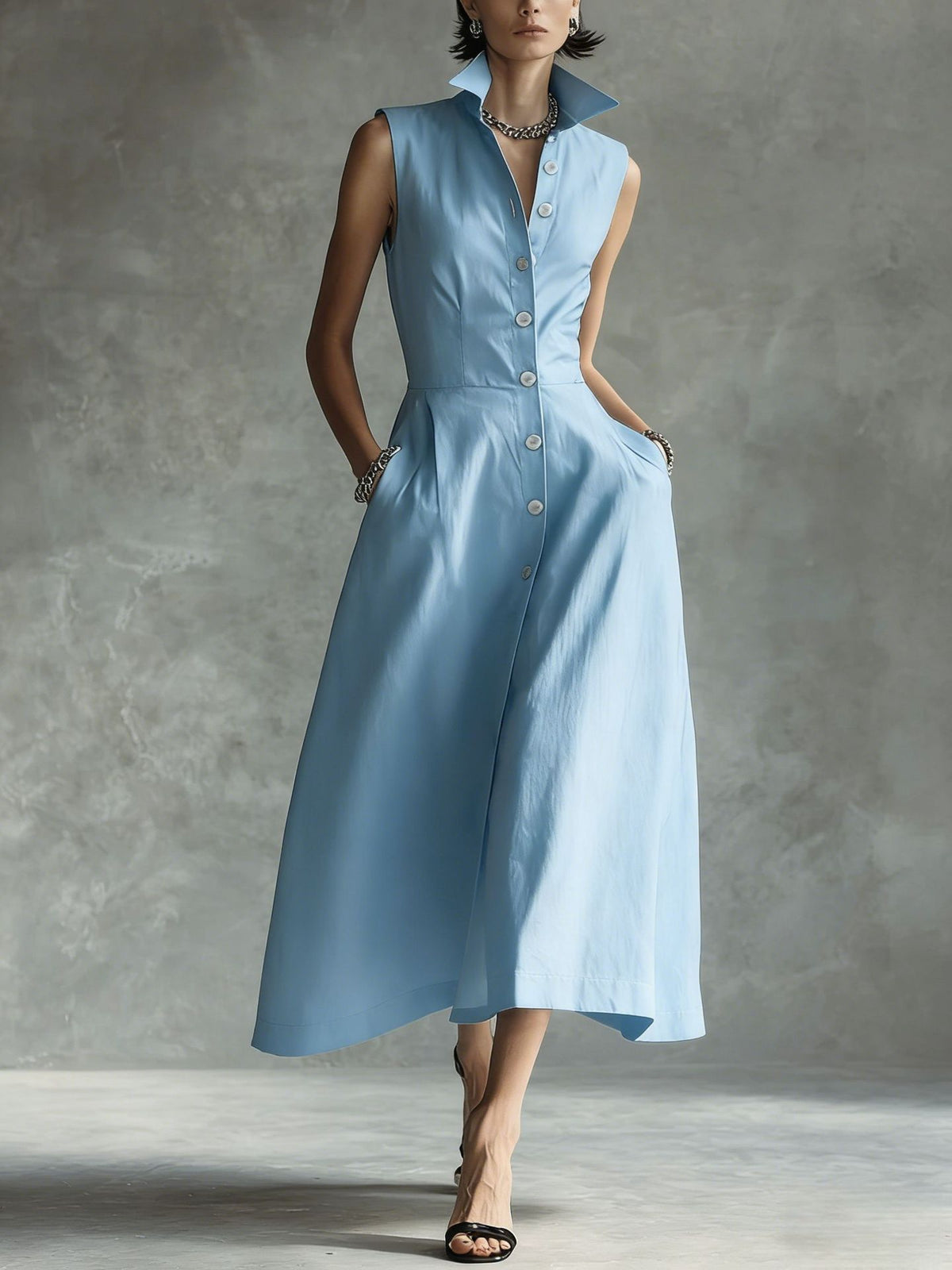 Solid-Color Sleeveless Casual Dress