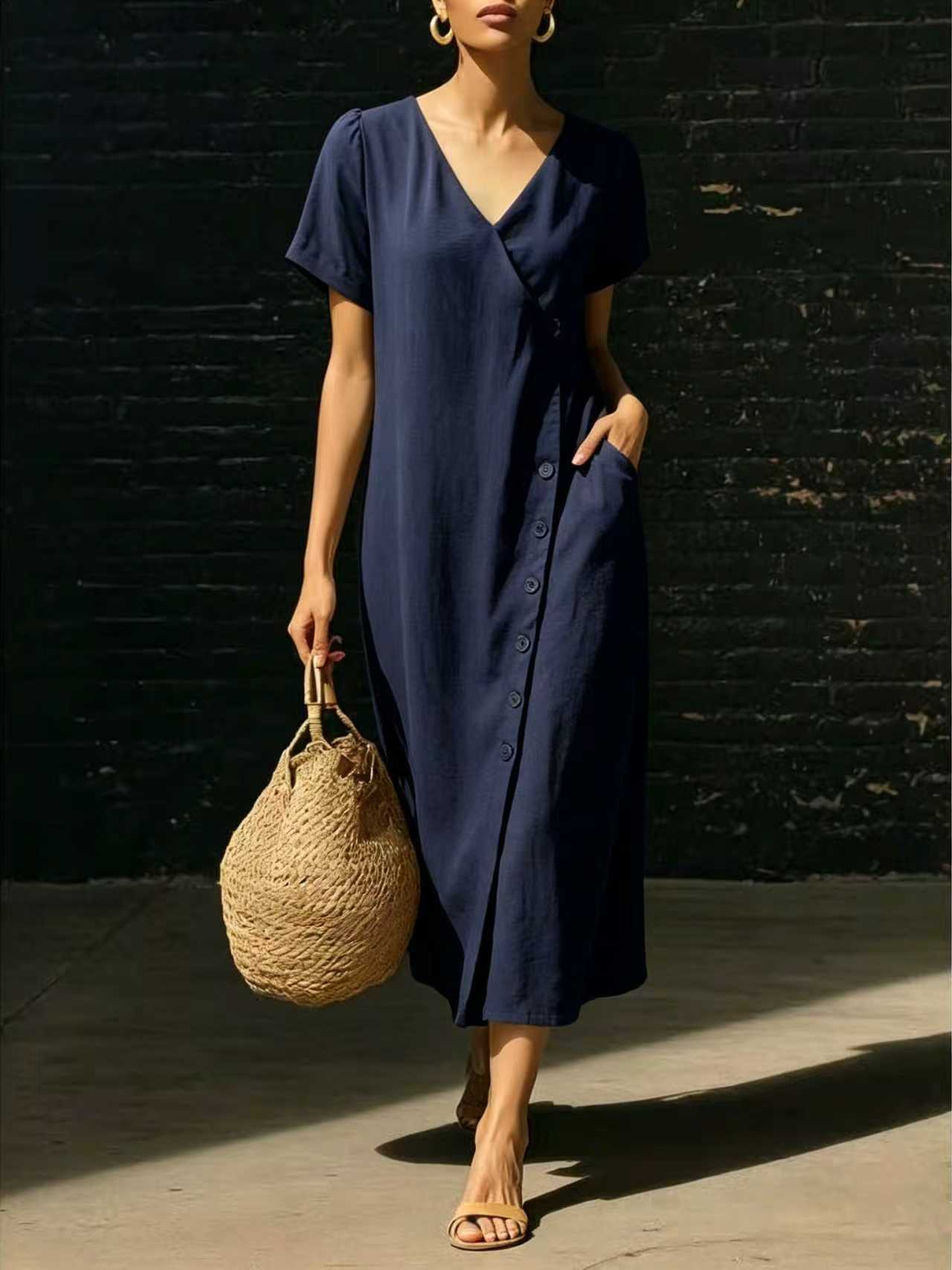 Linen Wrap V Neck Side Button Short Sleeve Midi Dress