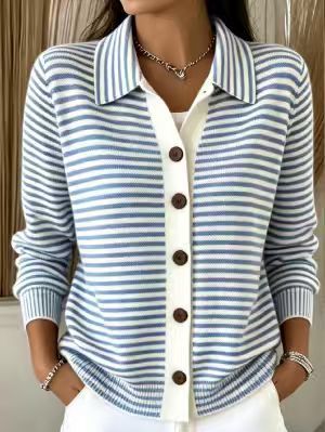 Women's Green‑White Stripe Collared Button Front Knit Cardigan