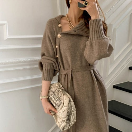 Asymmetric Button Batwing Sleeve Belted Knit Midi Dress
