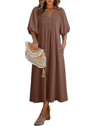 Smocked V‑Neck Puff‑Sleeve Midi Dress