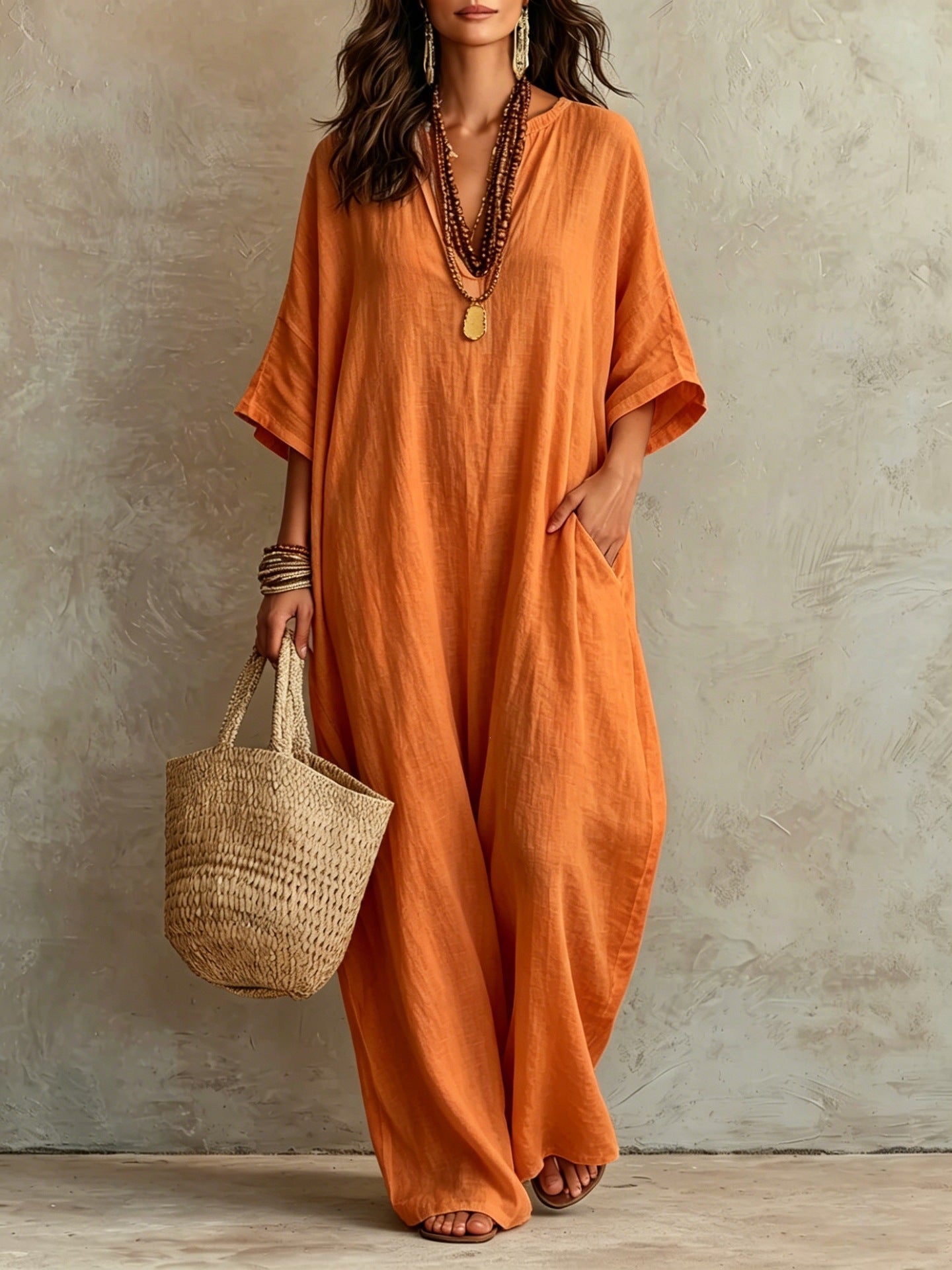V‑Neck Half‑Sleeve Linen Blend Loose Maxi Kaftan Dress With Pockets