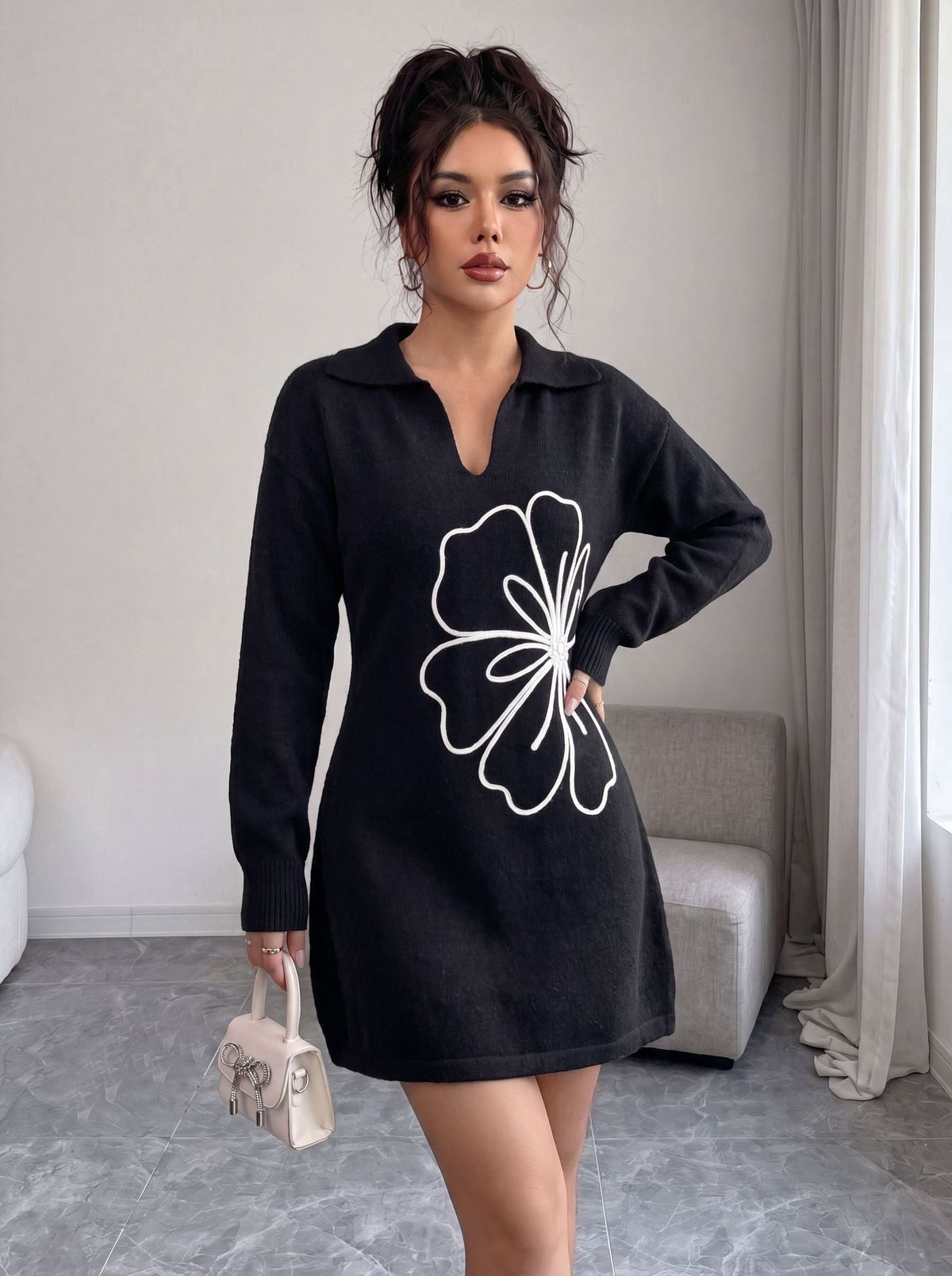 Polo Collar 3D Floral Embroidery Knit Mini Dress - Black / S