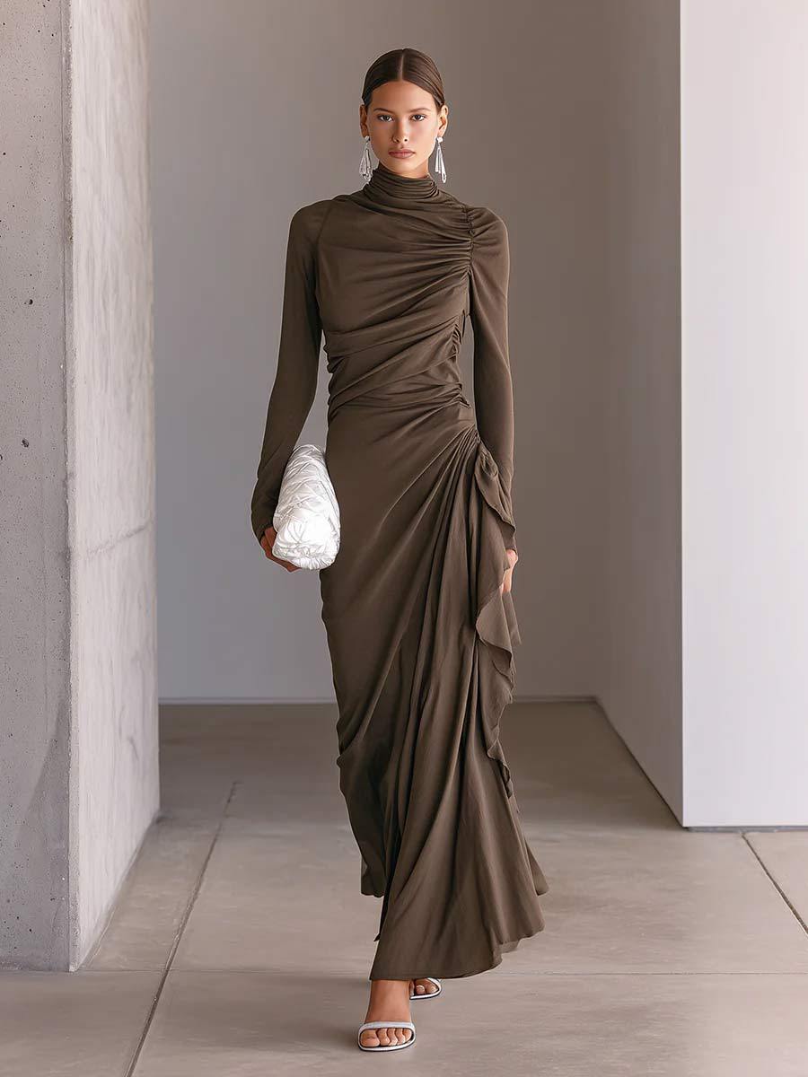 Turtleneck Ruched Side‑Ruffle Long‑Sleeve Maxi Dress - brown / S