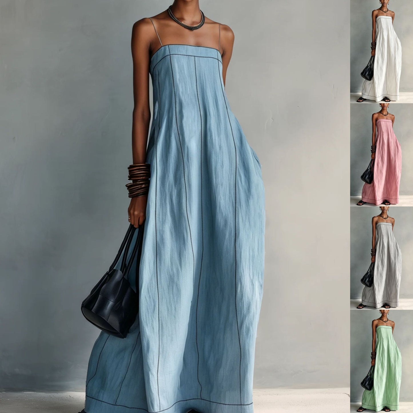 Contrast Stitch Thin Strap Straight Maxi Slip Dress