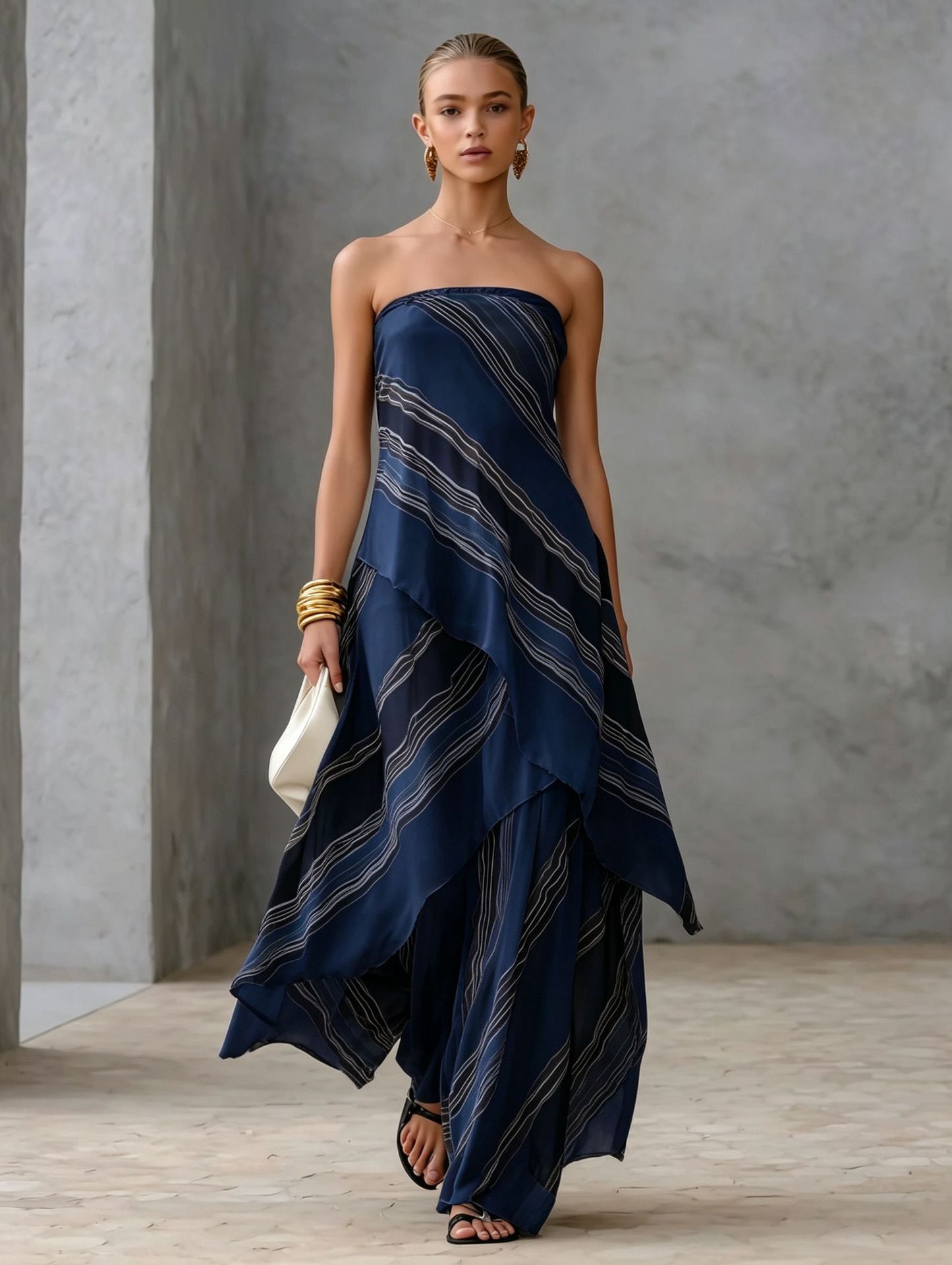 Neutral Diagonal Stripe Strapless Tiered Chiffon Maxi Dress