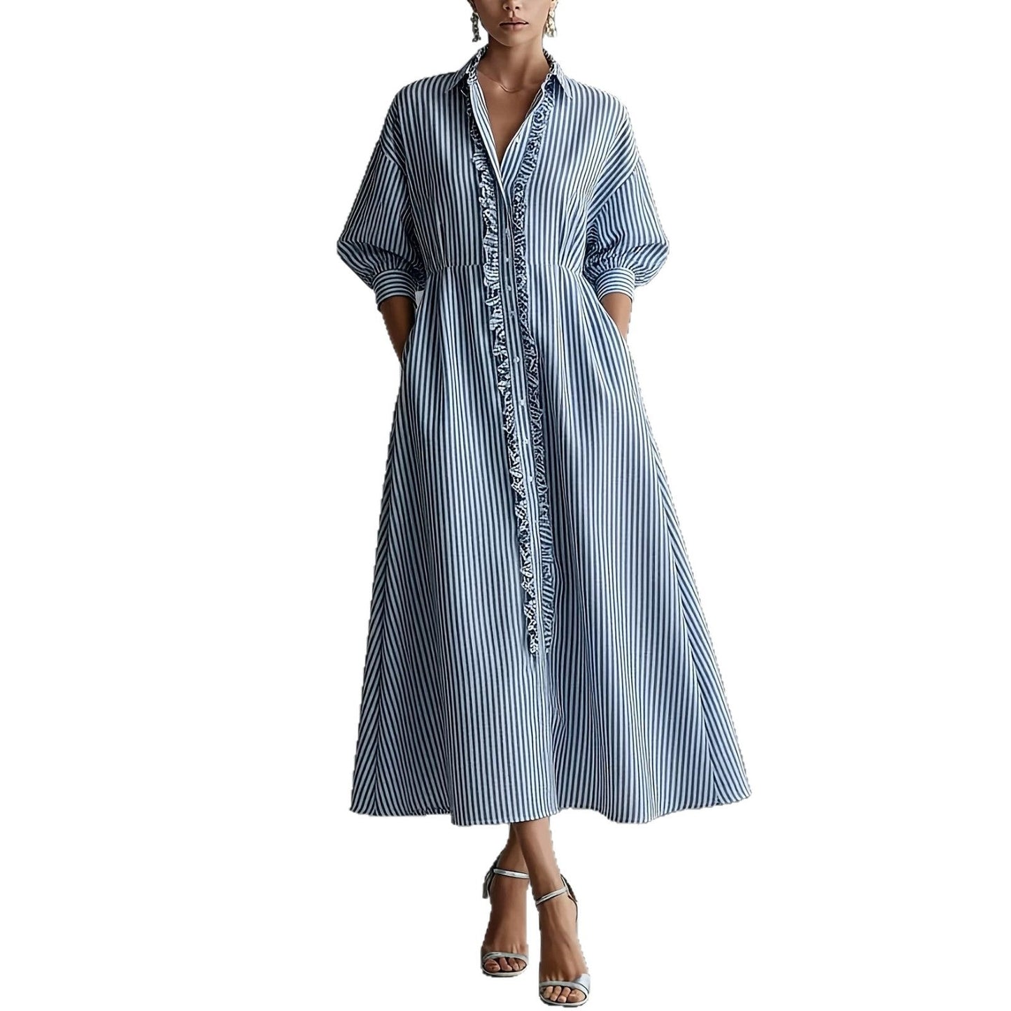 Blue‑White Stripe Ruffle Trim Shirt Midi Dress