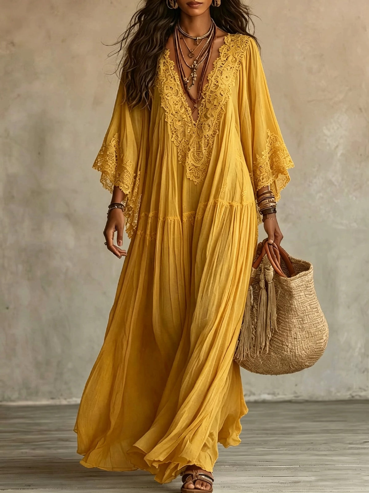 Women’s V-Neck Long Dress With Lace Detailing