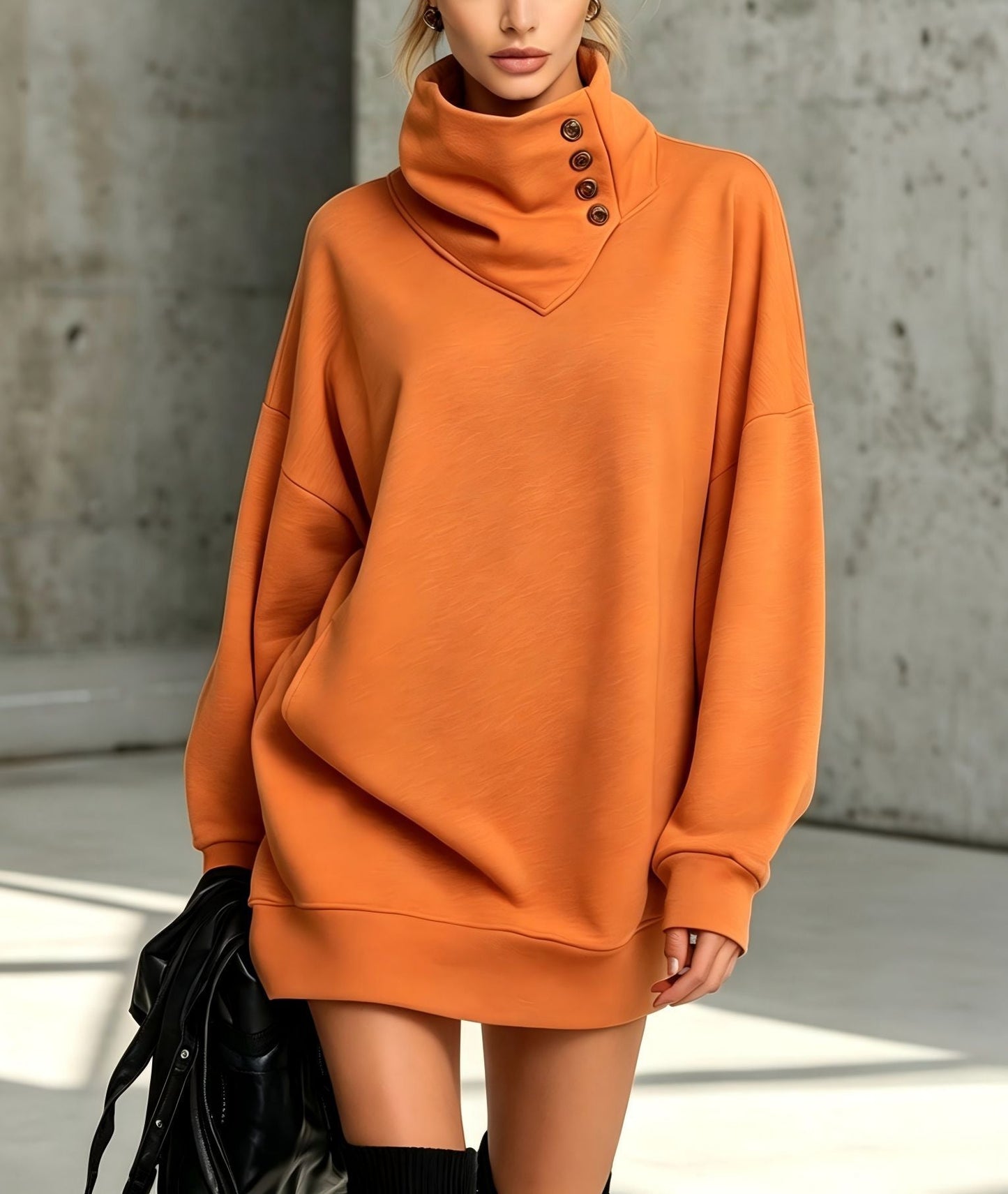 Women's Solid Pink Button-Detail Cowl Neck Long Sweatshirt Tunic Dress
