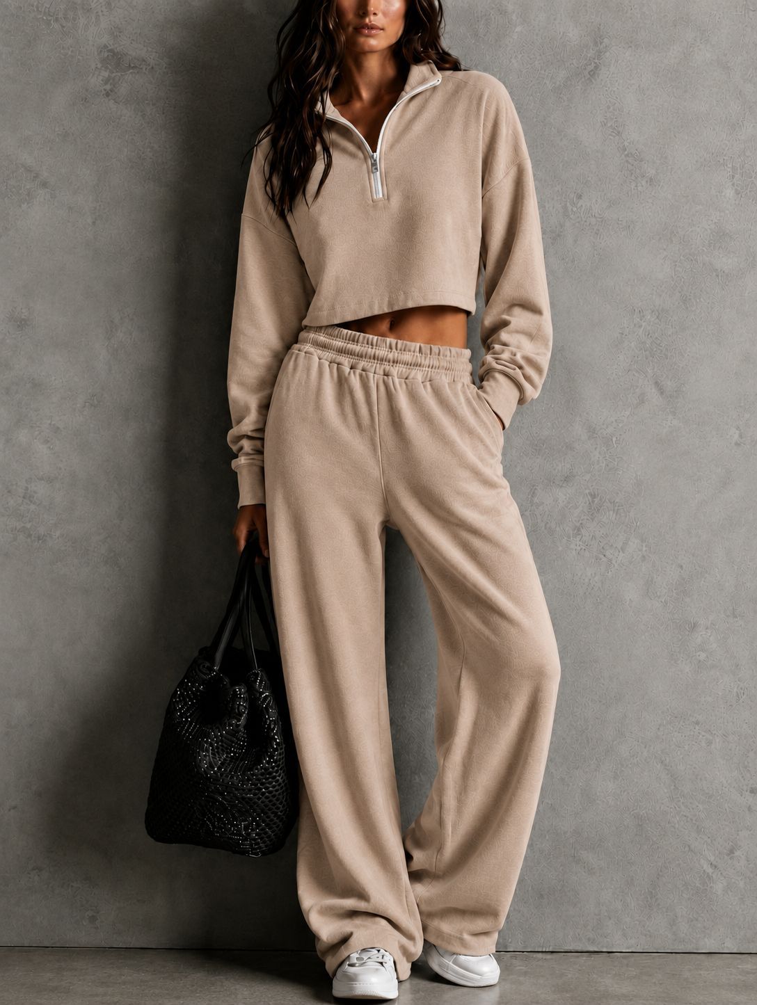Half‑Zip Cropped Sweatshirt & Wide‑Leg Sweatpants Two‑Piece Set