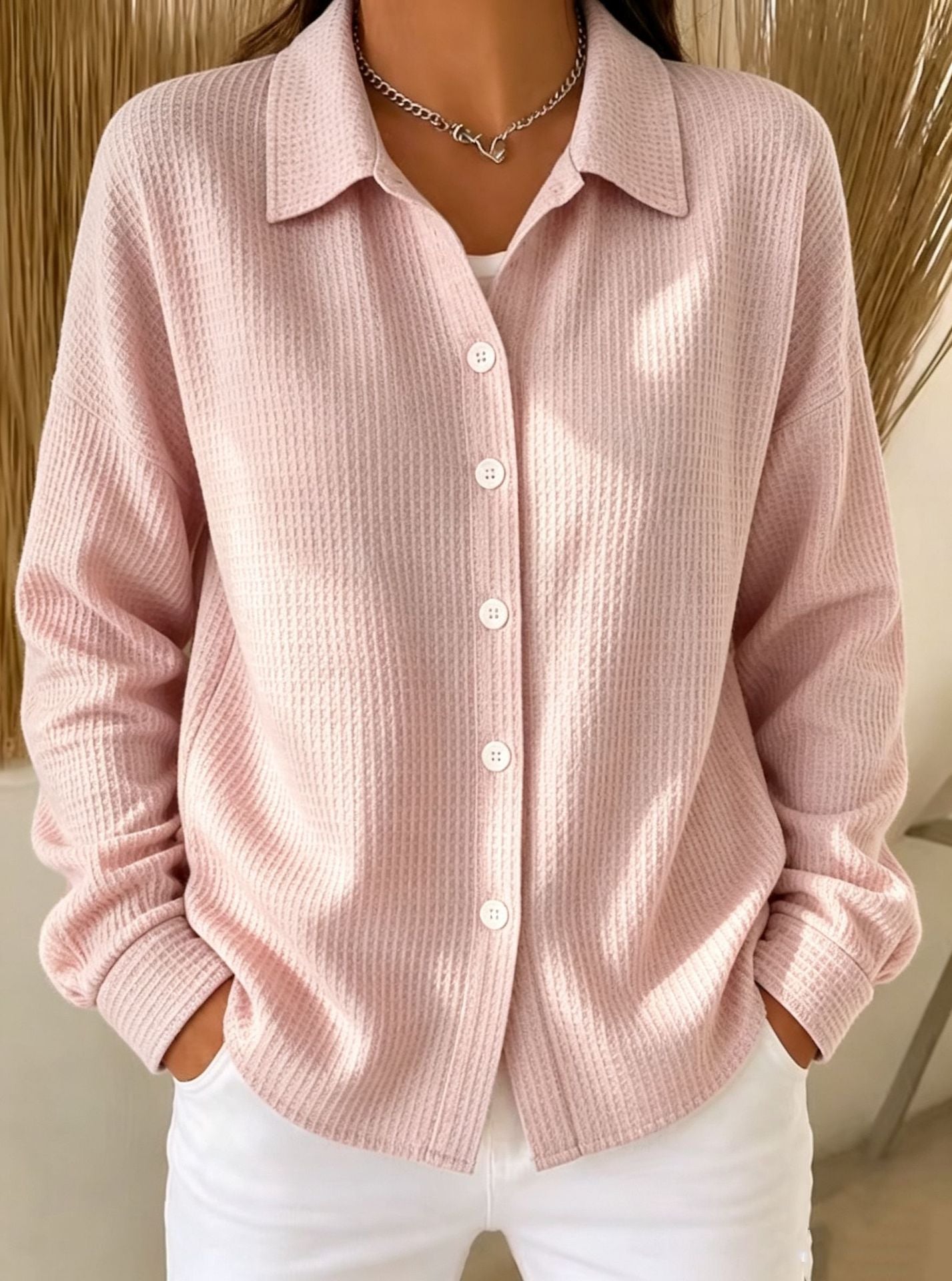 Women’s Light Blue Waffle Knit Lapel Button Down Long Sleeve Shirt - Pink / S