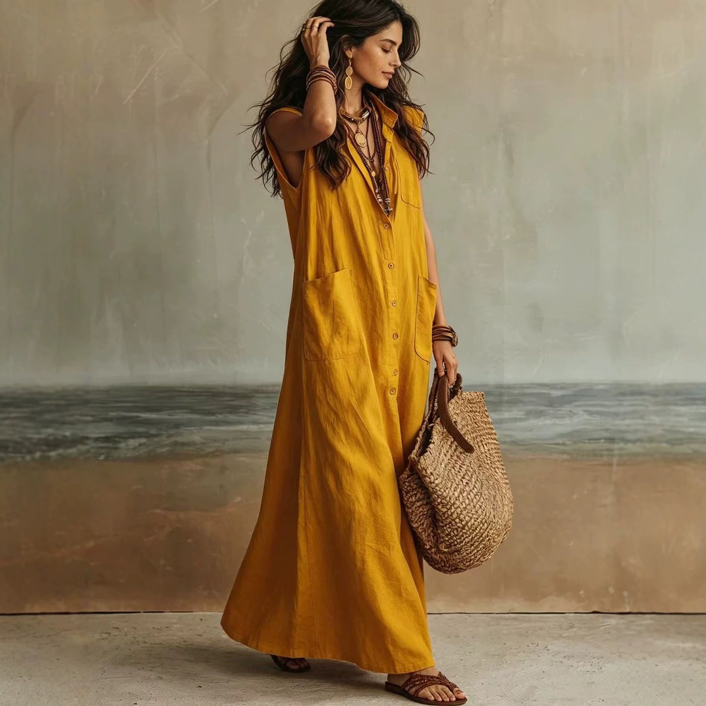 Temperament Commuting Off-Shoulder Bohemian Vacation Loose Shirt Dress
