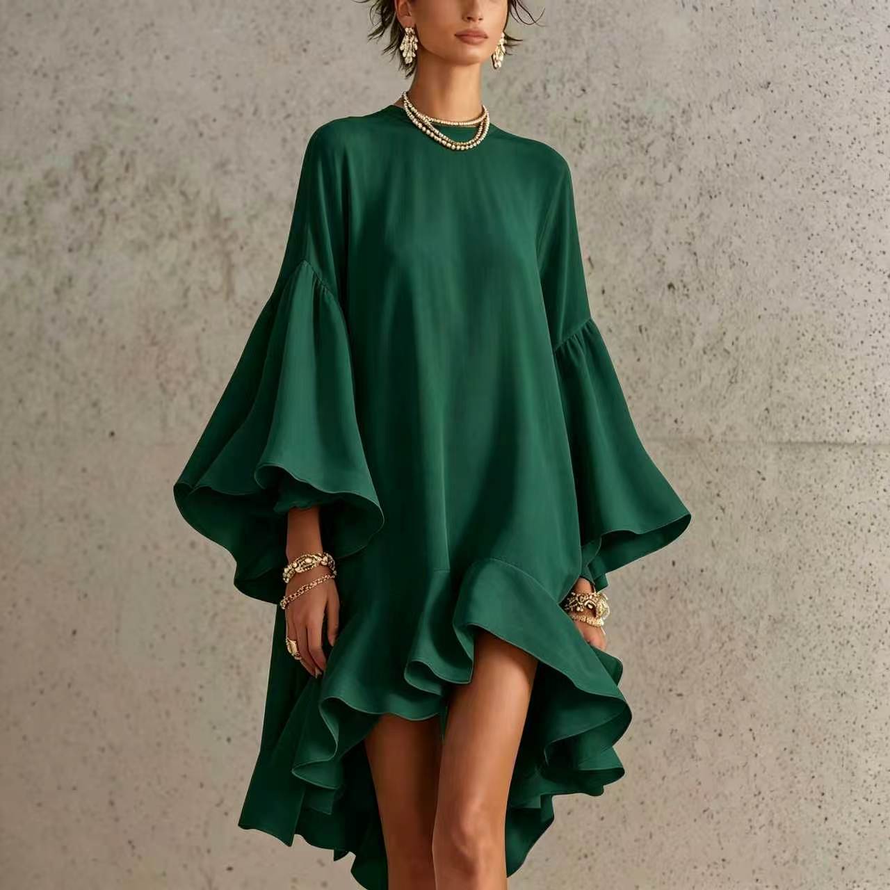 Satin Round Neck Oversized Bell Sleeve High Low Ruffle Mini Tunic Dress