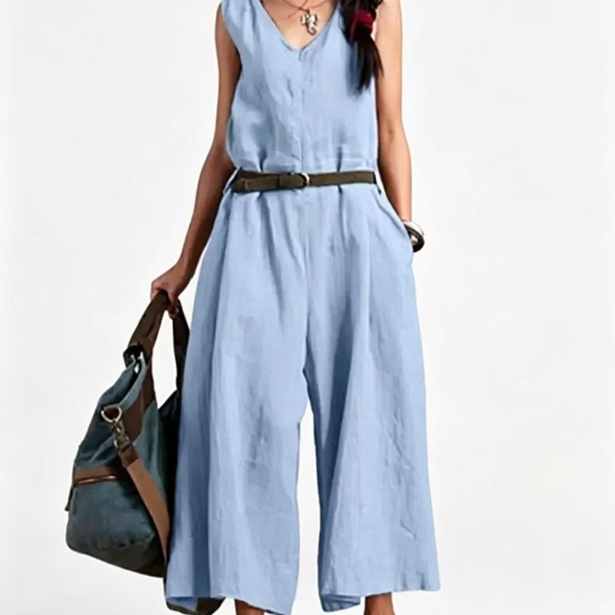 Sleeveless V-Neck Self Belt Linen Wide Leg Cropped Jumpsuit