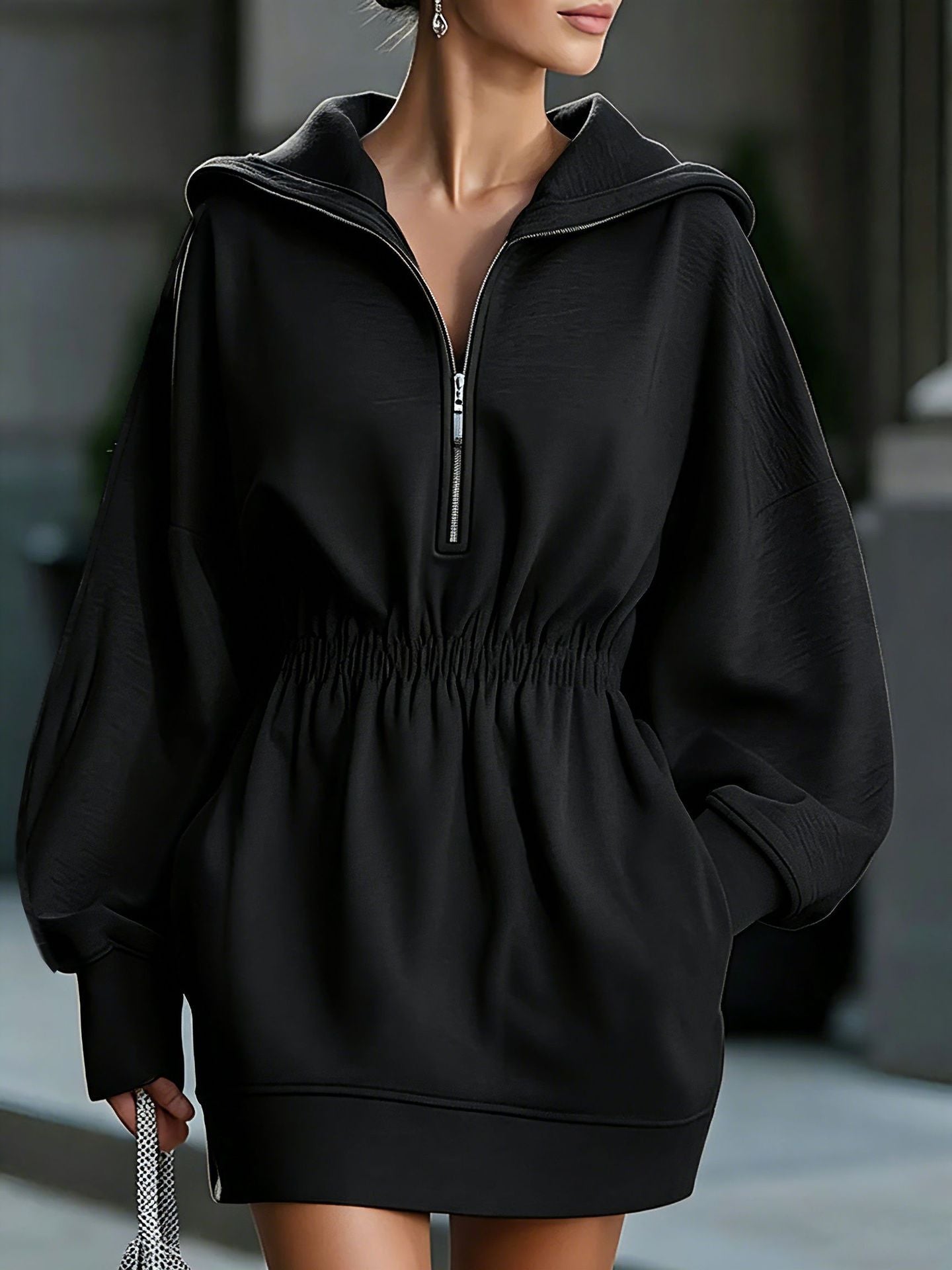Half Zip Hooded Mini Dress Women Elastic Waist Long Sleeve Casual Sweatshirt Dress