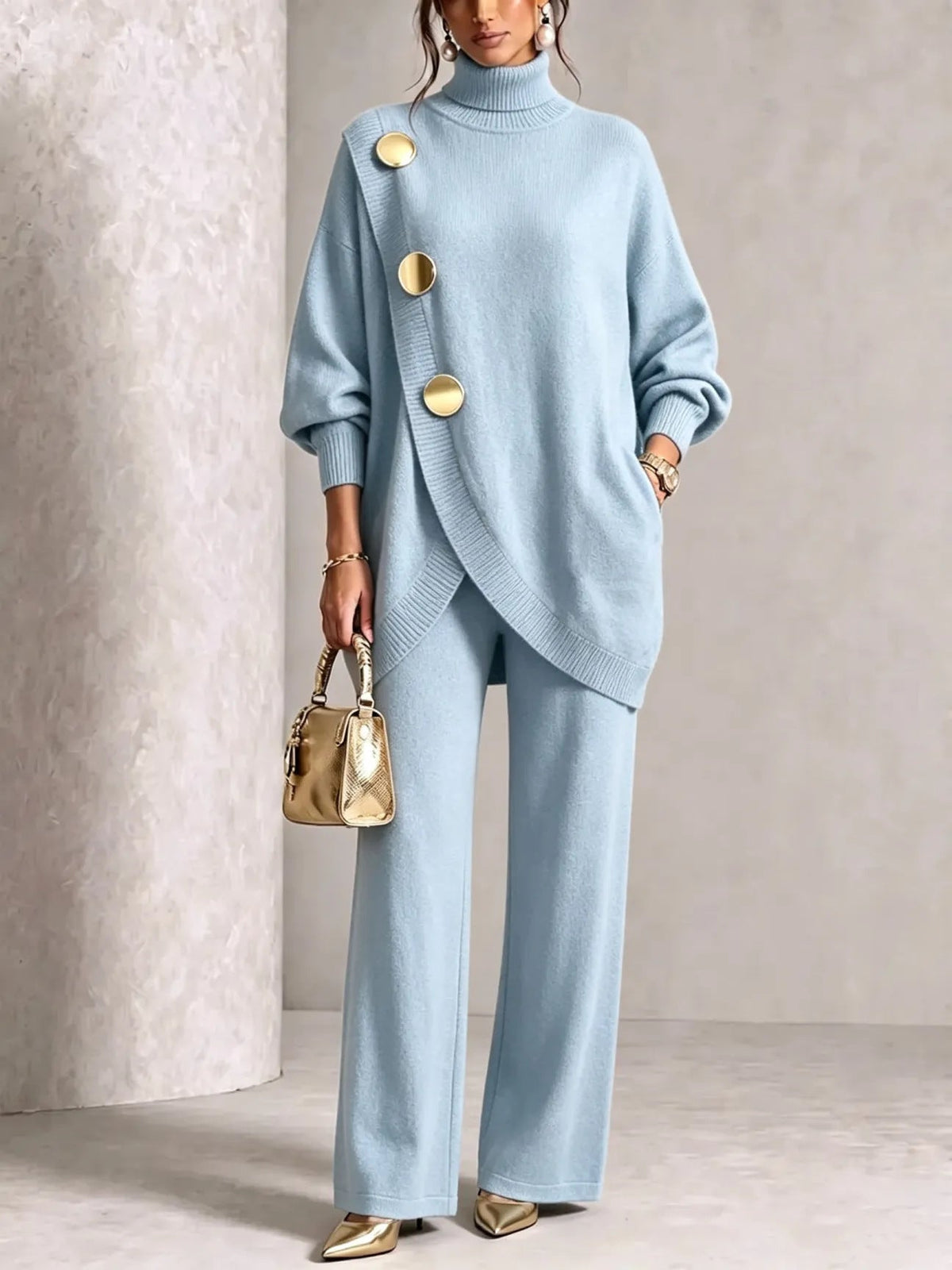 Turtleneck Gold‑Button Asymmetric Knit Tunic & Wide‑Leg Pants Two‑Piece Set