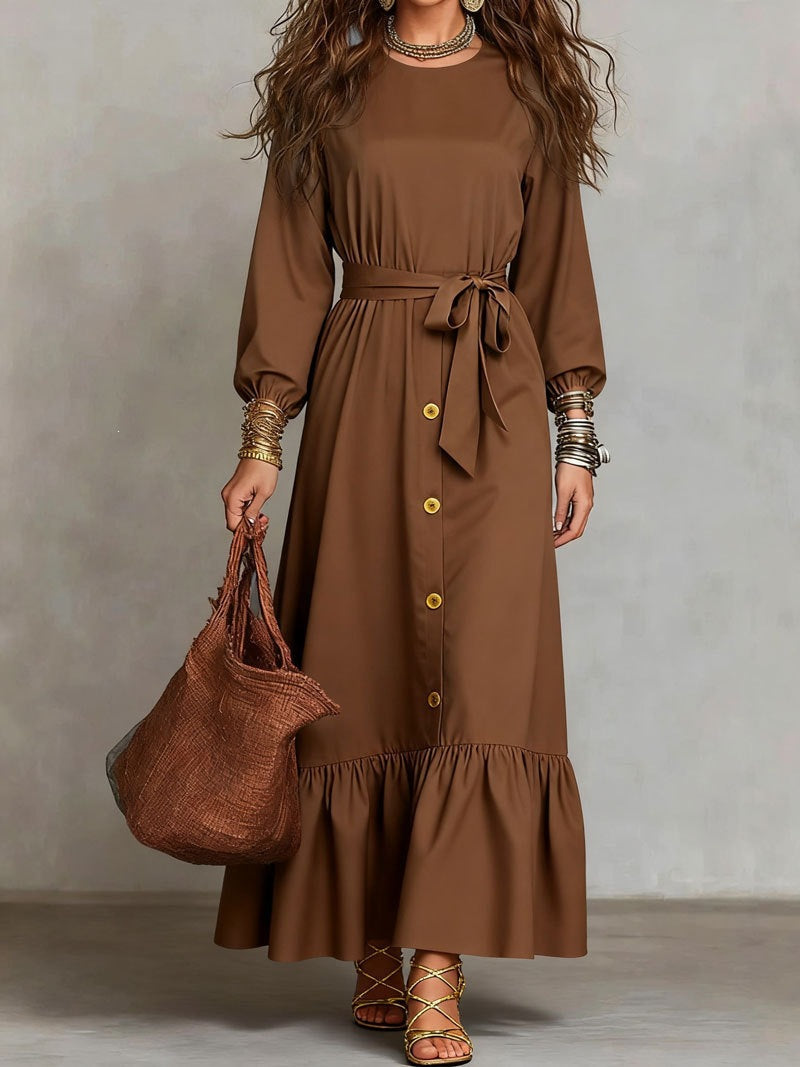 Button‑Front Tie‑Waist Tiered Ruffle Maxi Dress