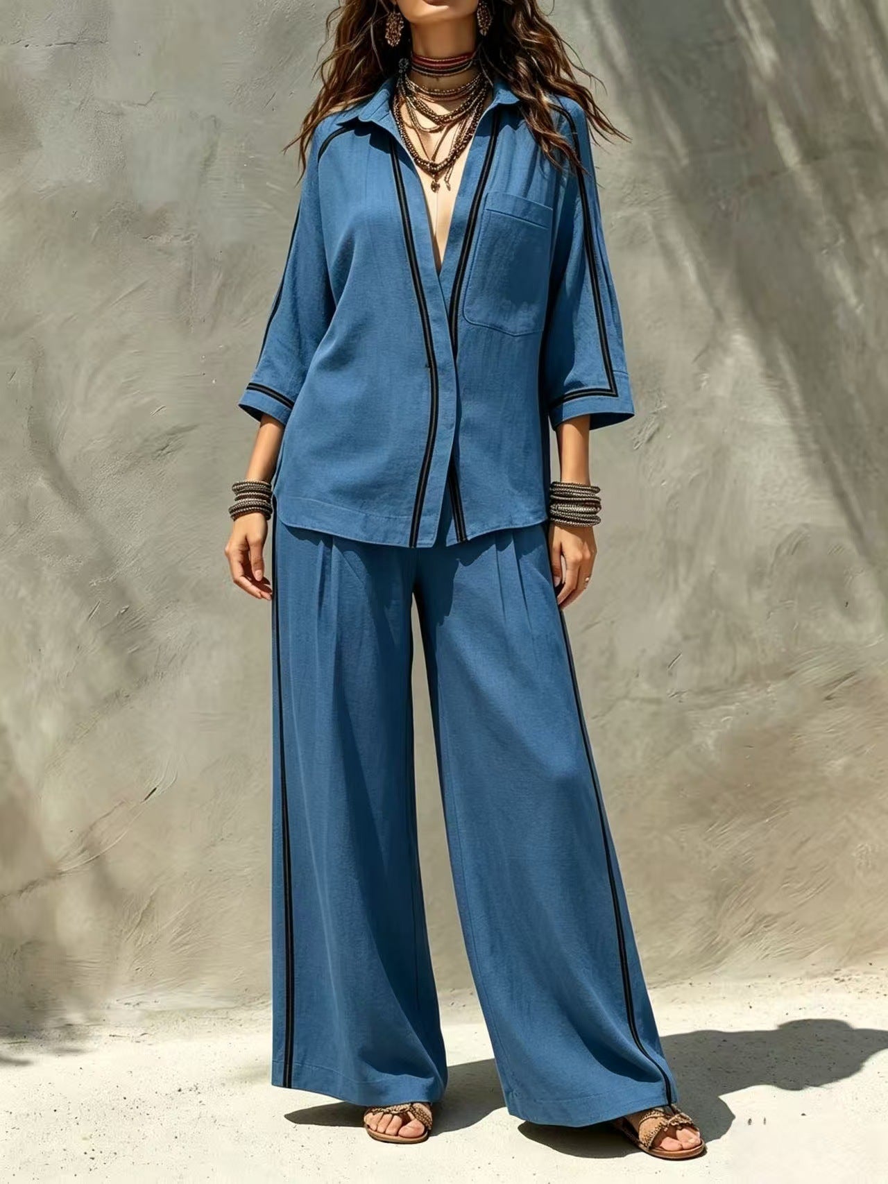 Contrast Trim Shirt & Wide‑Leg Pants Two‑Piece Set