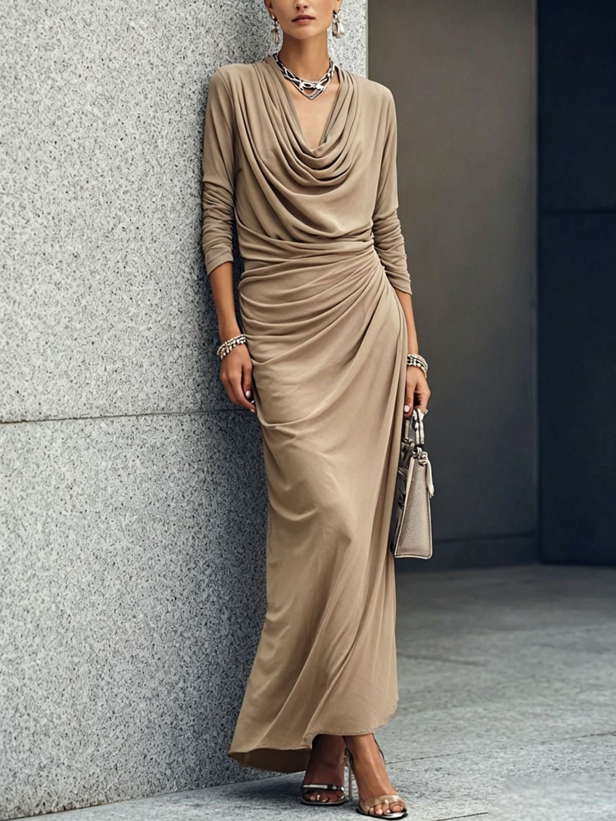 Cowl Neck Ruched Long Sleeve Maxi Dress