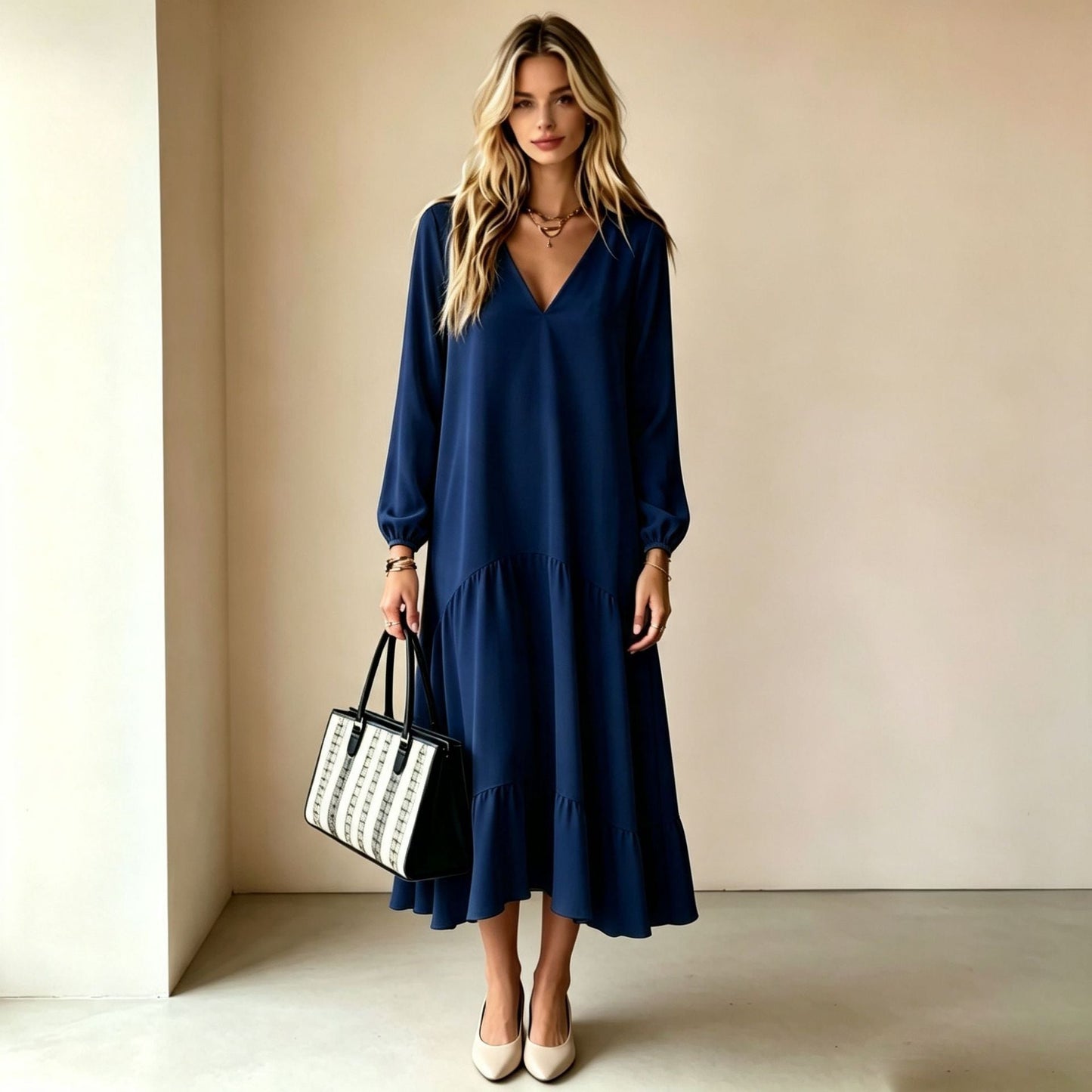 V‑Neck Long‑Sleeve Tiered Ruffle‑Hem Midi Dress