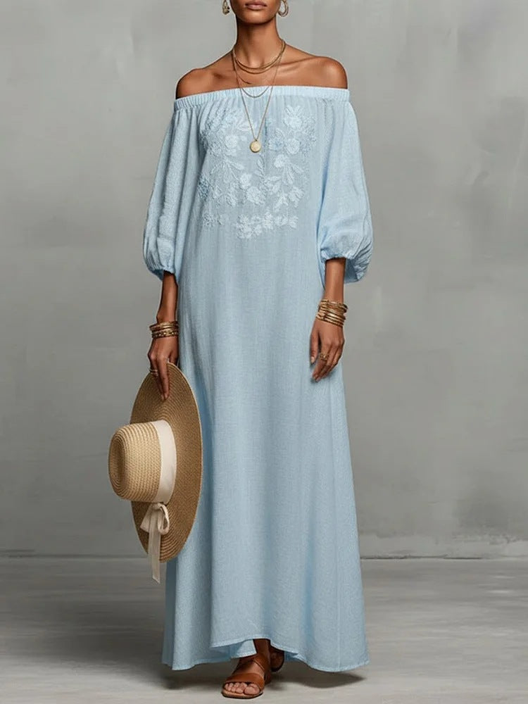 Linen Off Shoulder Floral Embroidery Balloon Sleeve Maxi Dress