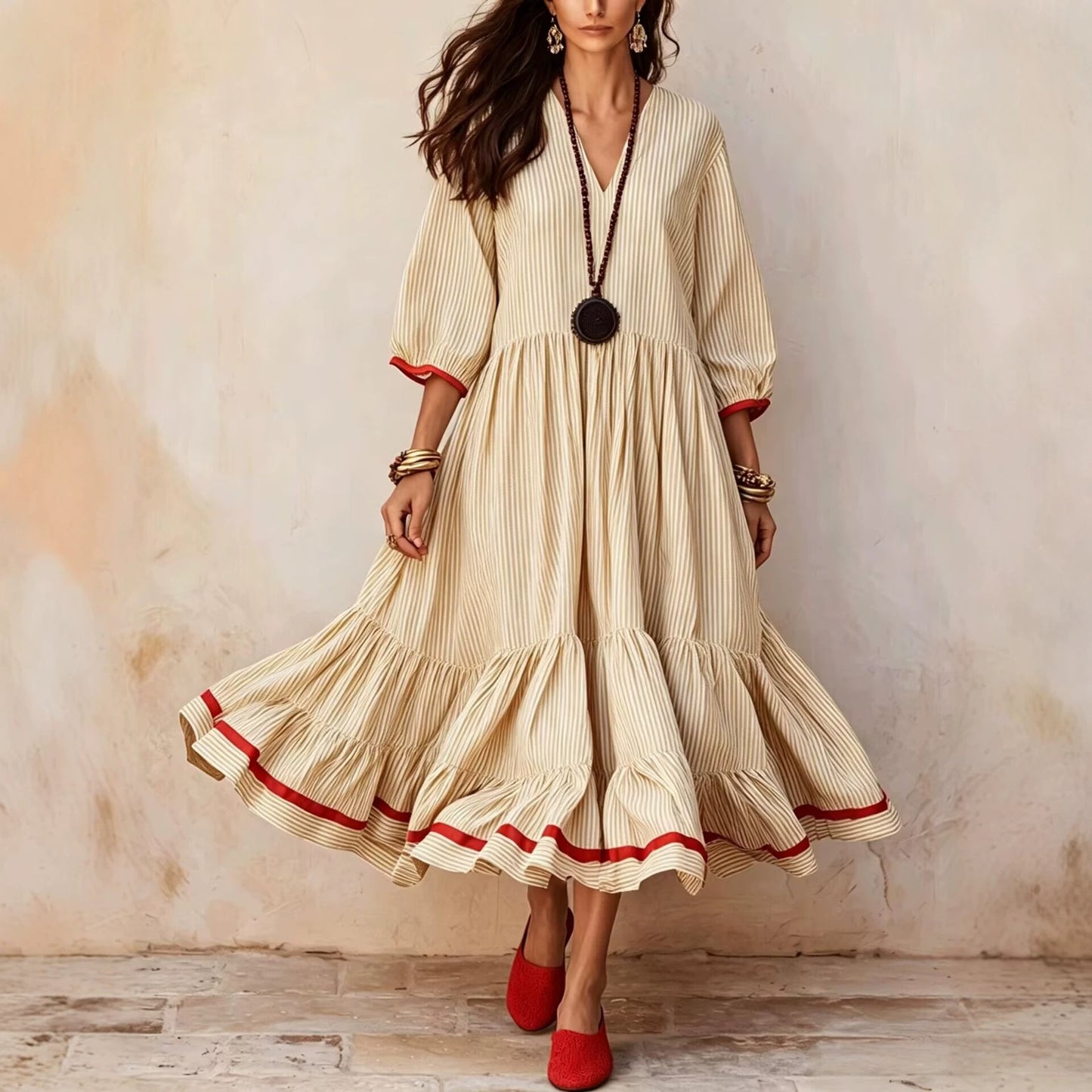 Stripe Red‑Trim Tiered Linen‑Blend Maxi Dress