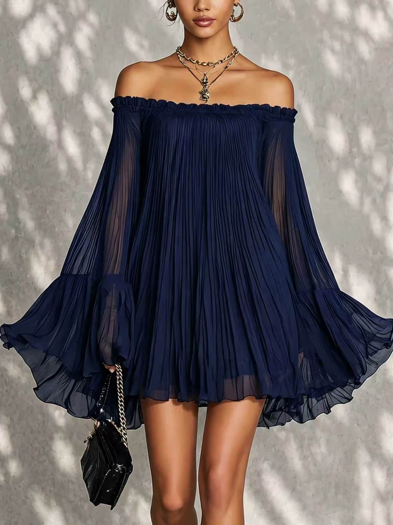 Off‑Shoulder Pleated Chiffon Bell‑Sleeve Mini Dress