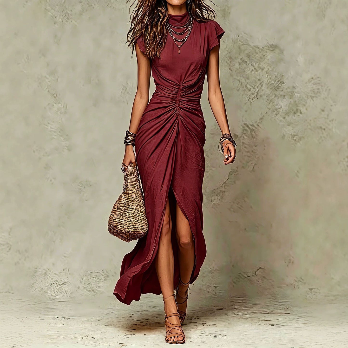High‑Neck Cap Sleeve Ruched Front Slit Maxi Dress