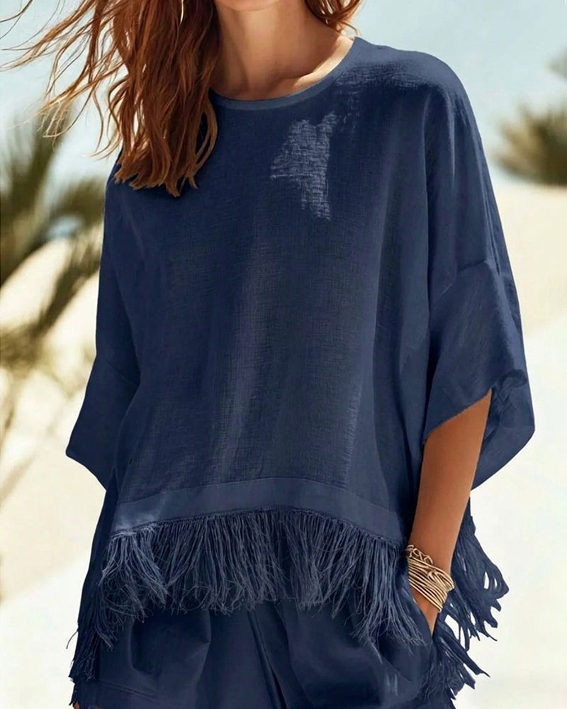 Women's Linen Blend Round Neck Short Sleeve Fringe Hem Loose Summer Blouse