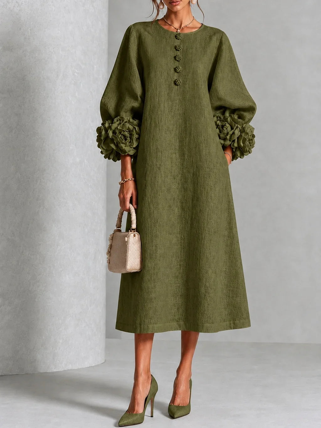 Floral Button-down Midi Dress With Striking Floral Cuffs