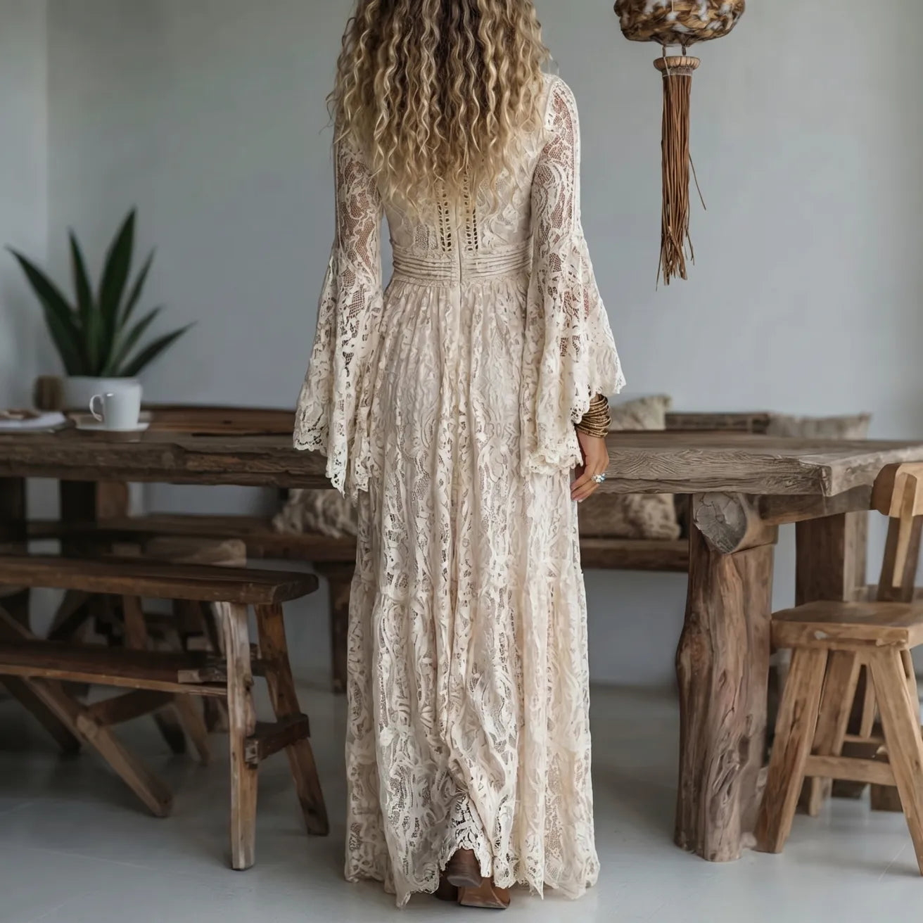 Lace Bell-Sleeve Maxi Dress