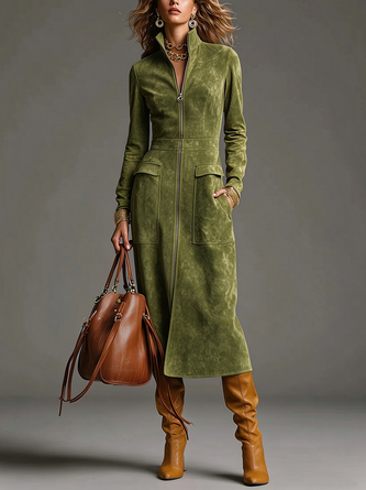 Urban Solid Suede Full Zip Stand Collar Long Sleeve Midi Dress