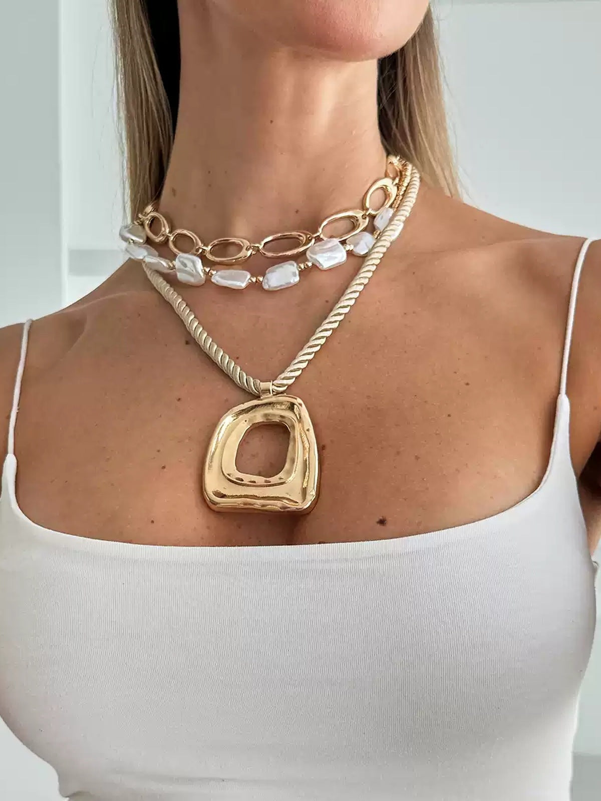 Three-Piece Sculptural Pendant Layered Necklace Set
