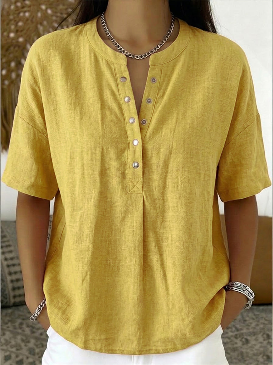 New Arrivalsš„ Womenās Casual Henley Collar Linen And Cotton Short-sleeve Shirt