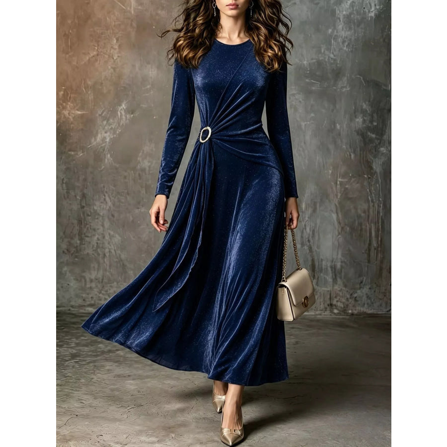 Full Size Velvet Long-Sleeve Maxi Dress with Ring Detail Plus Dark Blue / XS Apparel and Accessories