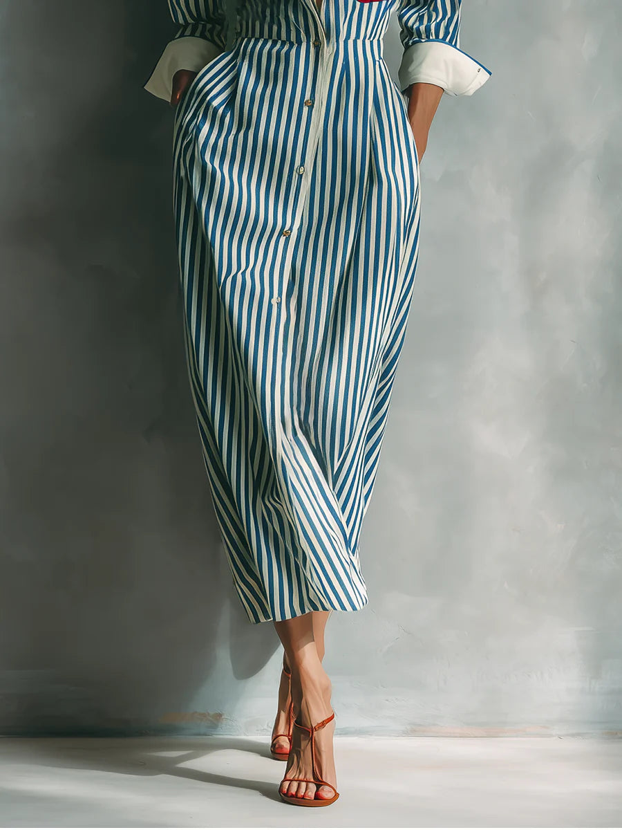 Blue White Vertical Stripe Contrast Red Pocket Midi Shirt Dress