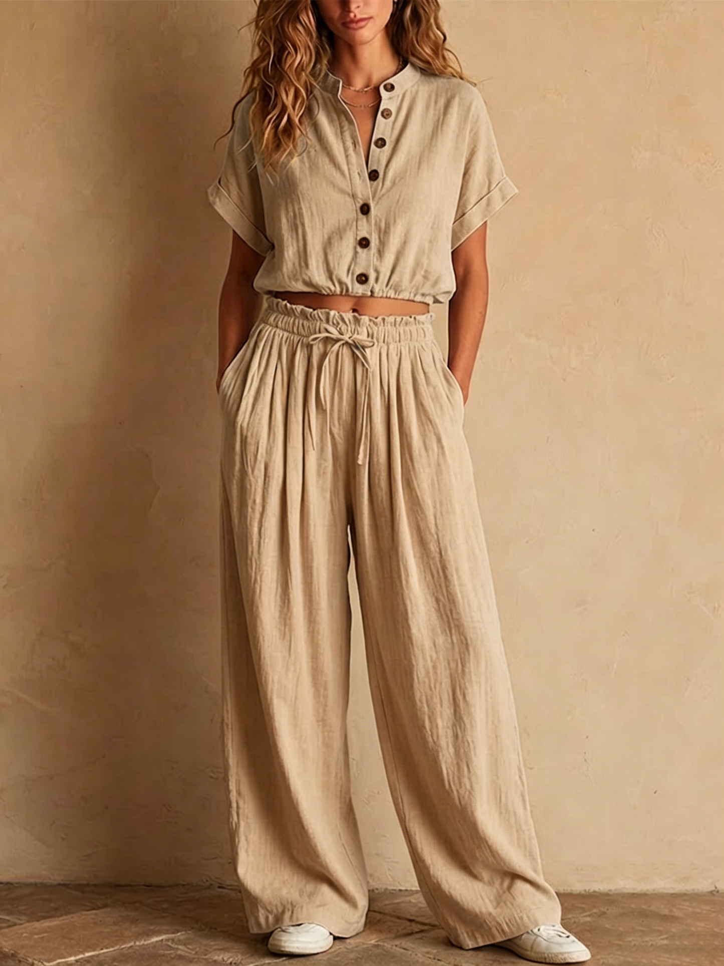 Light Blue Crinkled Linen Two Piece Set, Stand Collar Button Crop Top & Drawstring Wide Leg Pocket Pants Matching Outfit