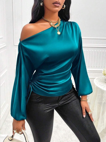 Women's Asymmetrical Long-Sleeved Satin Blouse with Slanted Collar