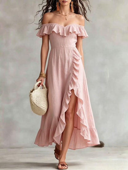 Women's Summer Cotton Off Shoulder Ruffled Ruched Flowy Maxi Dress