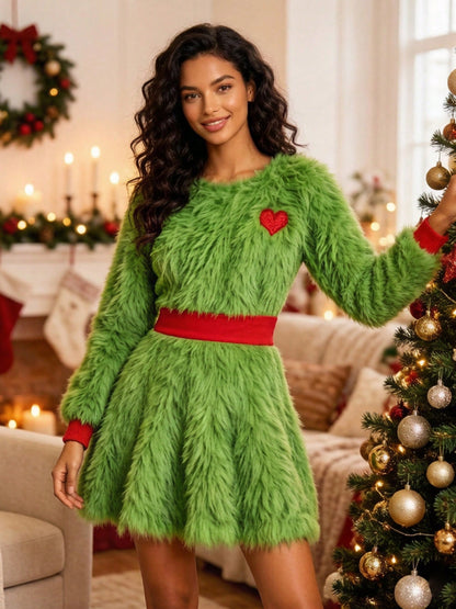 Women's halloween green plush color-block dress
