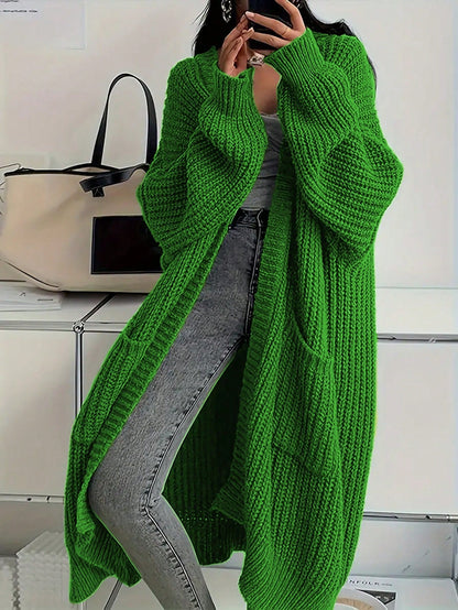 Women's Solid Chunky Knit Open Front Oversized Long Cardigan With Pockets