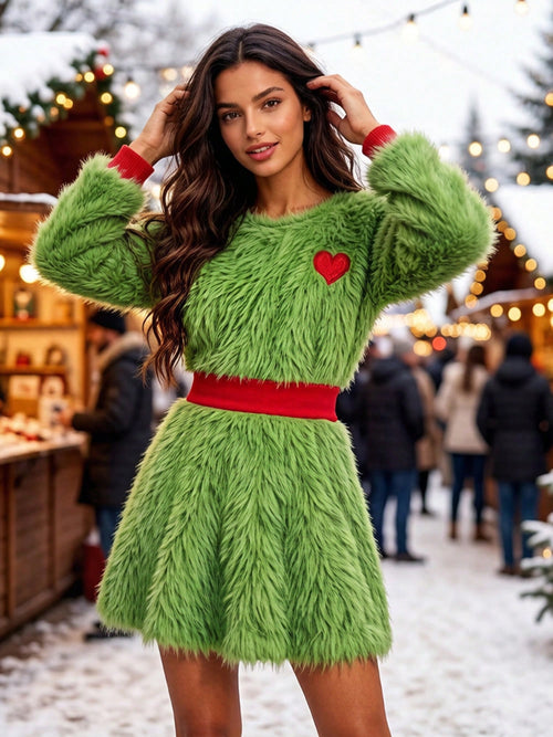 Women's halloween green plush color-block dress