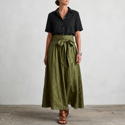 Effortless Boho Black Blouse & Olive Satin Midi Skirt Set