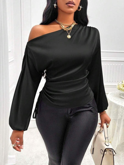 Women's Asymmetrical Long-Sleeved Satin Blouse with Slanted Collar