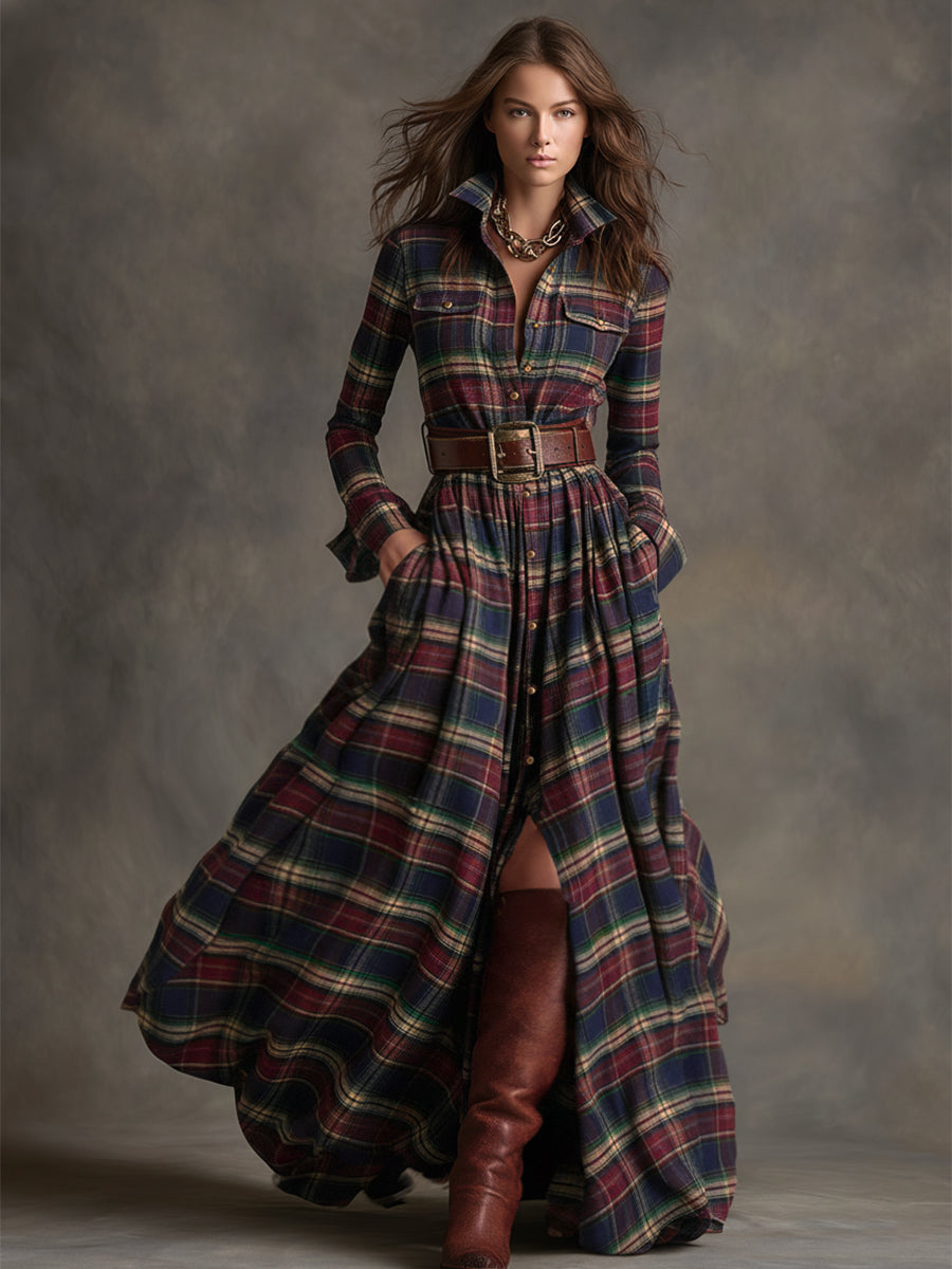 retro-ethnic-style-lapel-reddish-brown-plaid-maxi-dress - Oyrosy
