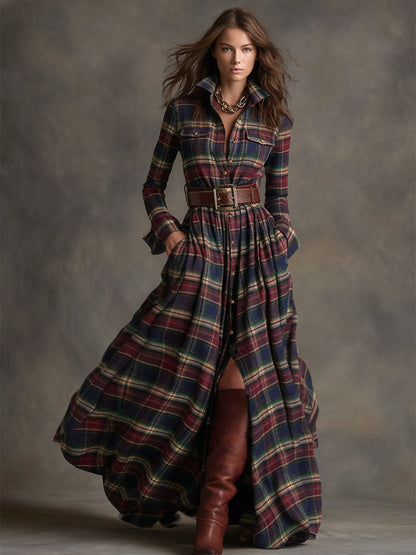 retro-ethnic-style-lapel-reddish-brown-plaid-maxi-dress - Oyrosy